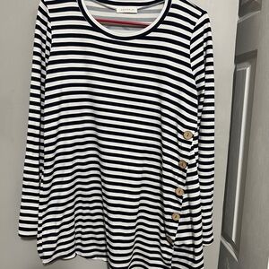 Reborn J Navy and White Striped Long Sleeve Top Buttons Down Side S